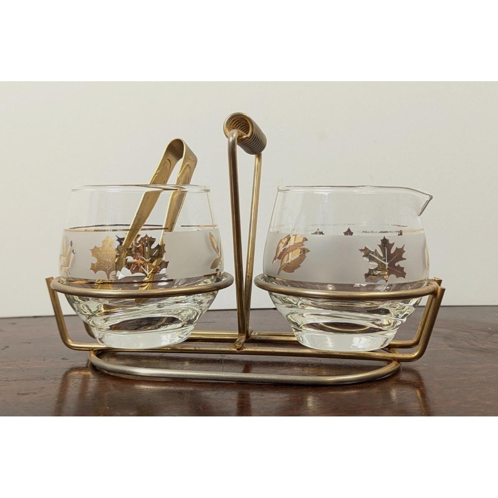 Vintage Mid Century Glass Creamer, Sugar Bowl Set Gold Leaf Frosted Leaves Tongs
